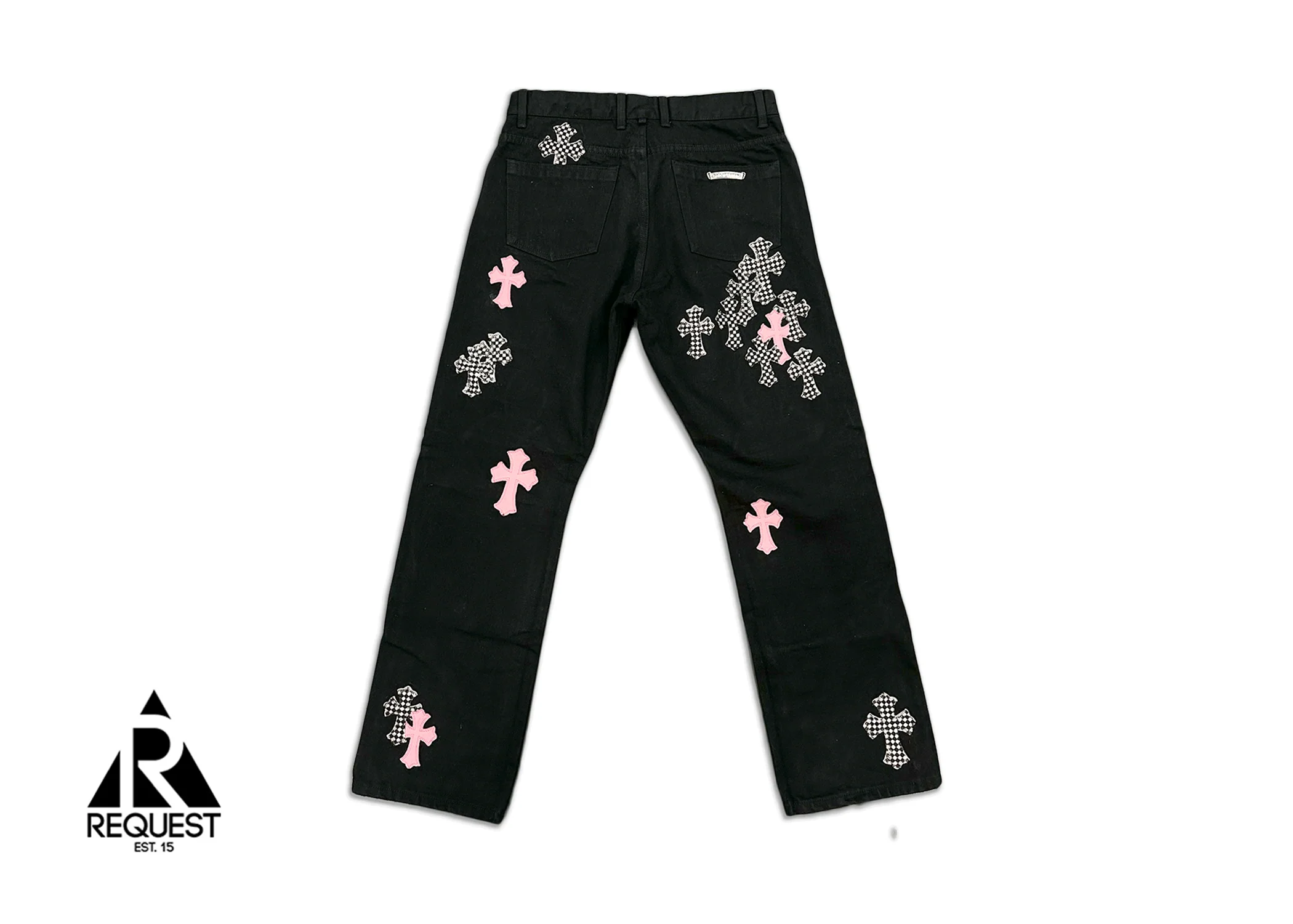 Black Fleur Denim Pants "Pink & Checkered Crosses" - Image 2