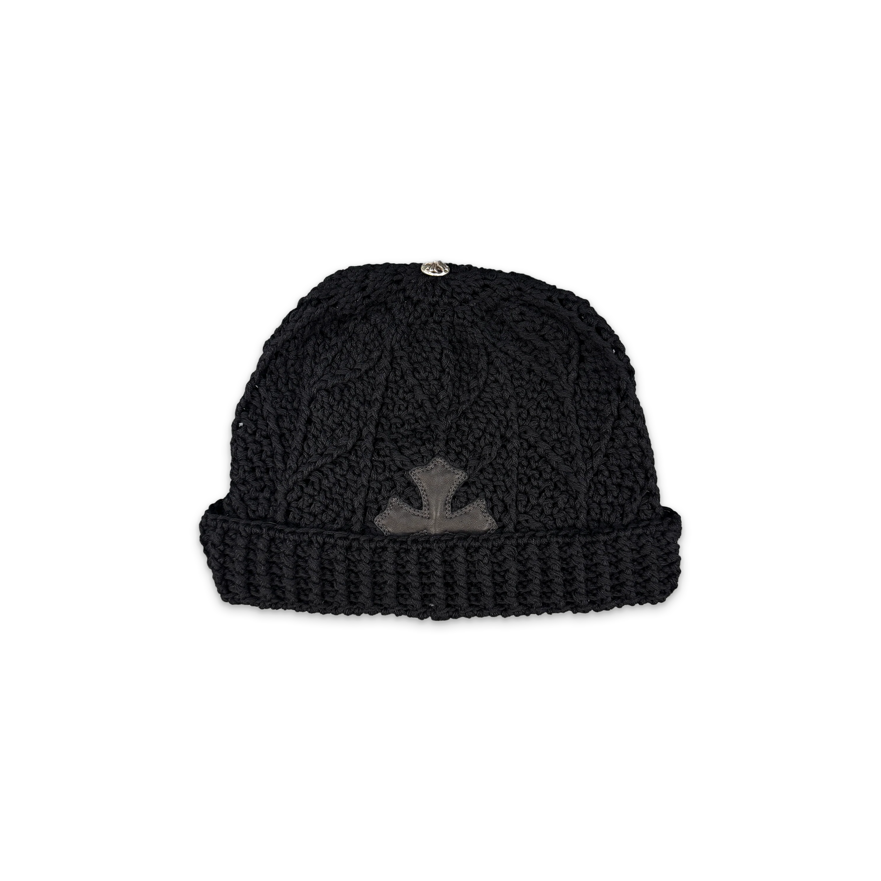 Knitted Cashmere Leather Cross Beanie "Black" - Image 2
