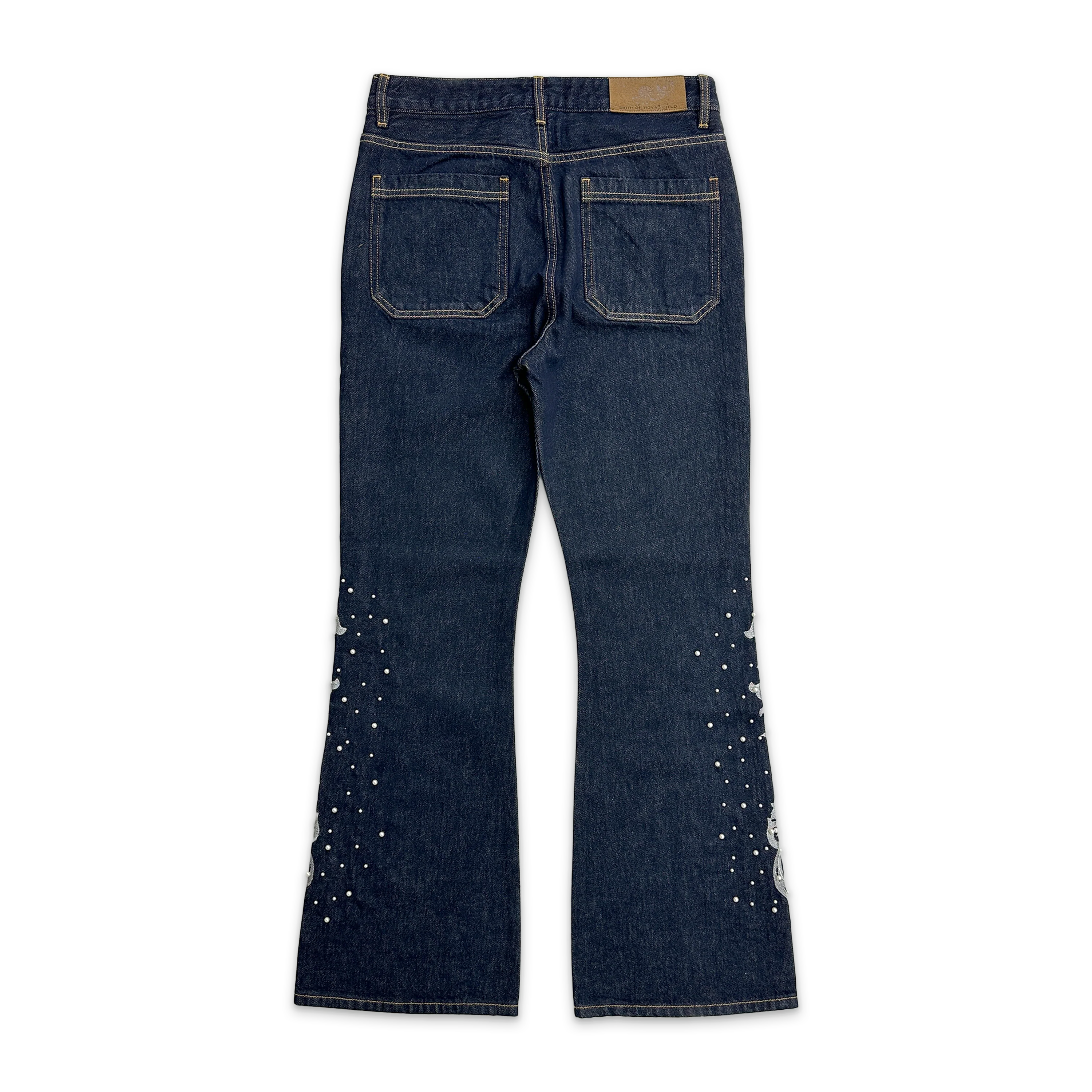 Raw Denim Embroidered Pearl Flared Pants - Image 2