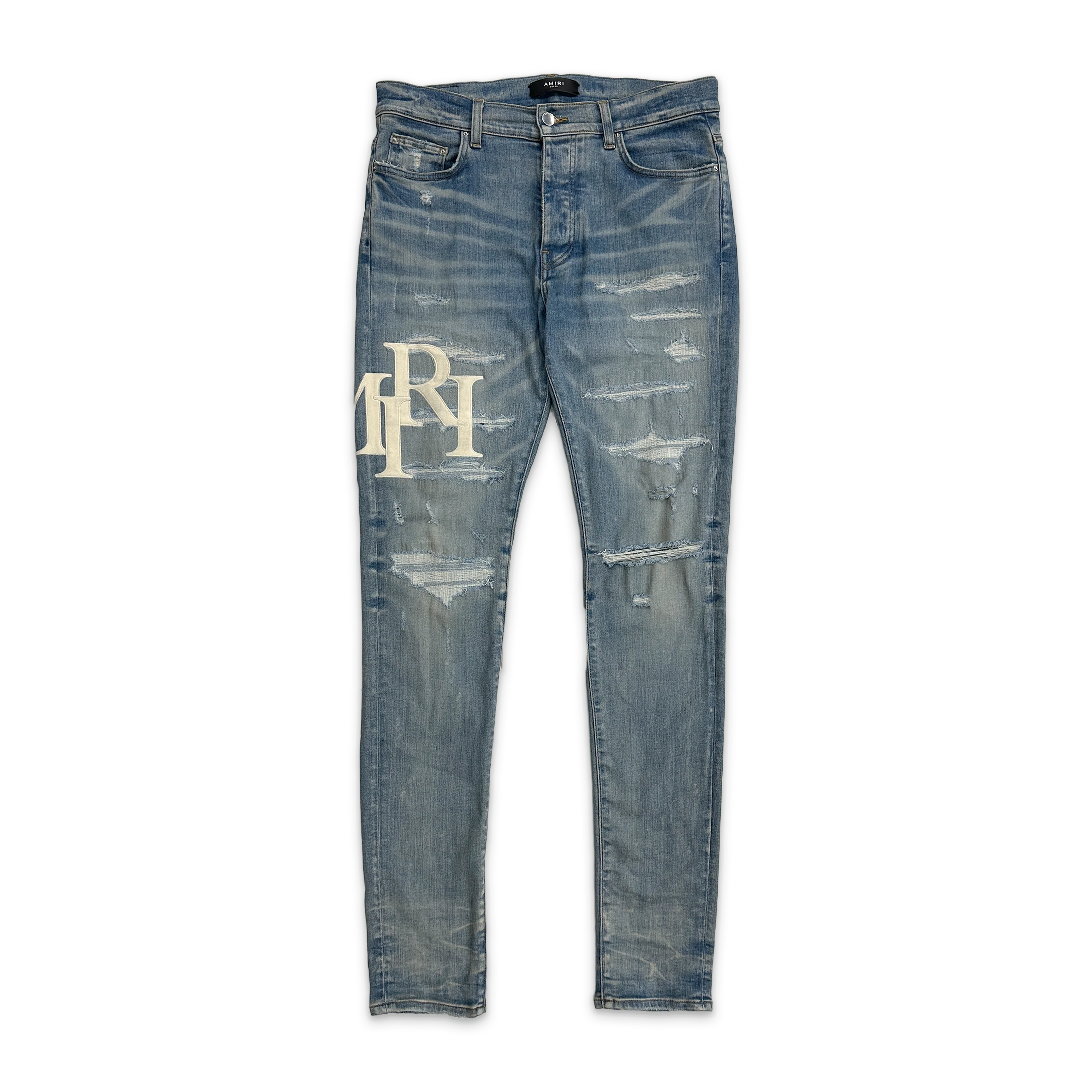 White Suede Staggered Logo Jeans "Clay Indigo"
